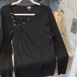 INC International Concepts Black Ribbed Lace-Up V-Neck Sweater